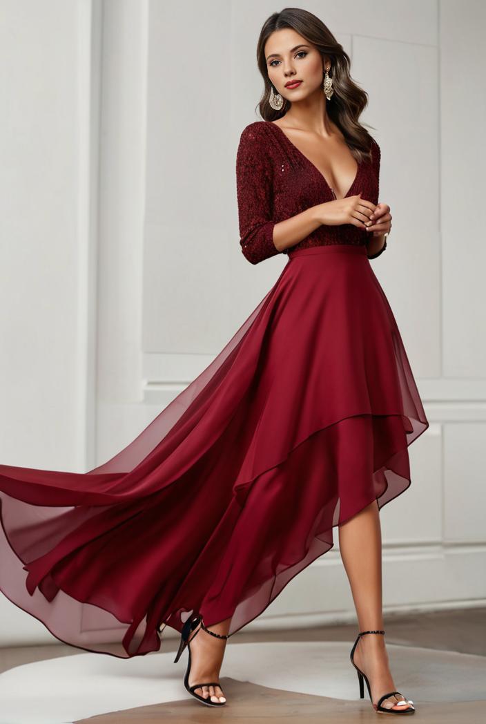 3 4 sleeve sheer sequin stripe high low hem evening dress 132269