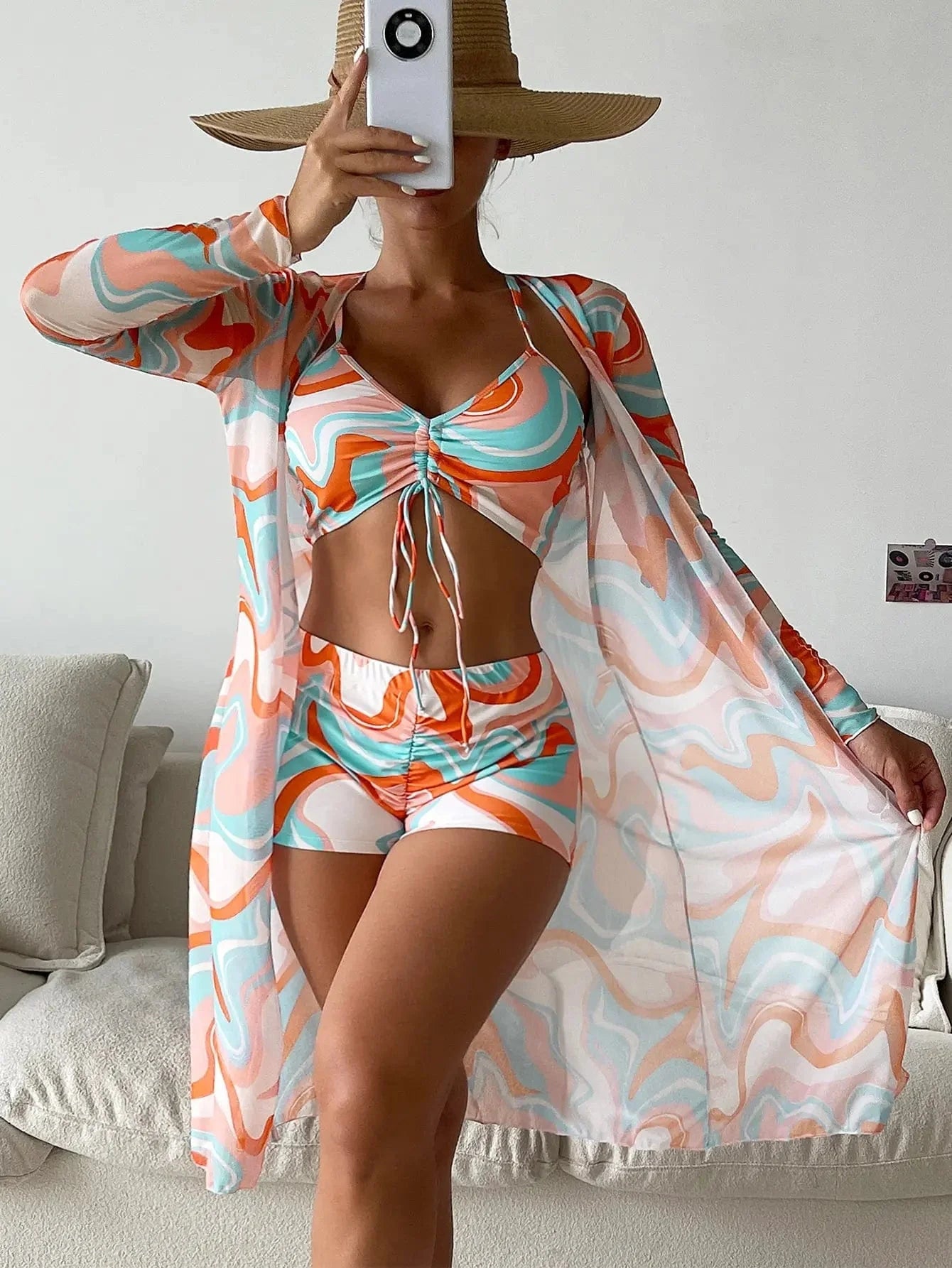 3 Pieces Sexy Print Bikini  Women High Waist Swimsuit Cover Up Swimwear Female Lady Bathing Suit Swimming Summer Beachwear