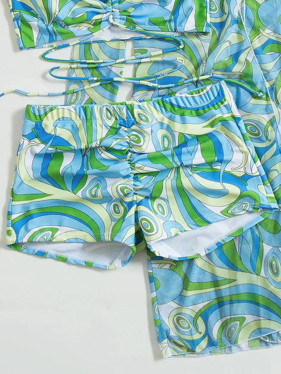 3 Pieces Sexy Print Bikini  Women High Waist Swimsuit Cover Up Swimwear Female Lady Bathing Suit Swimming Summer Beachwear