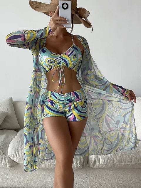 3 Pieces Sexy Print Bikini  Women High Waist Swimsuit Cover Up Swimwear Female Lady Bathing Suit Swimming Summer Beachwear