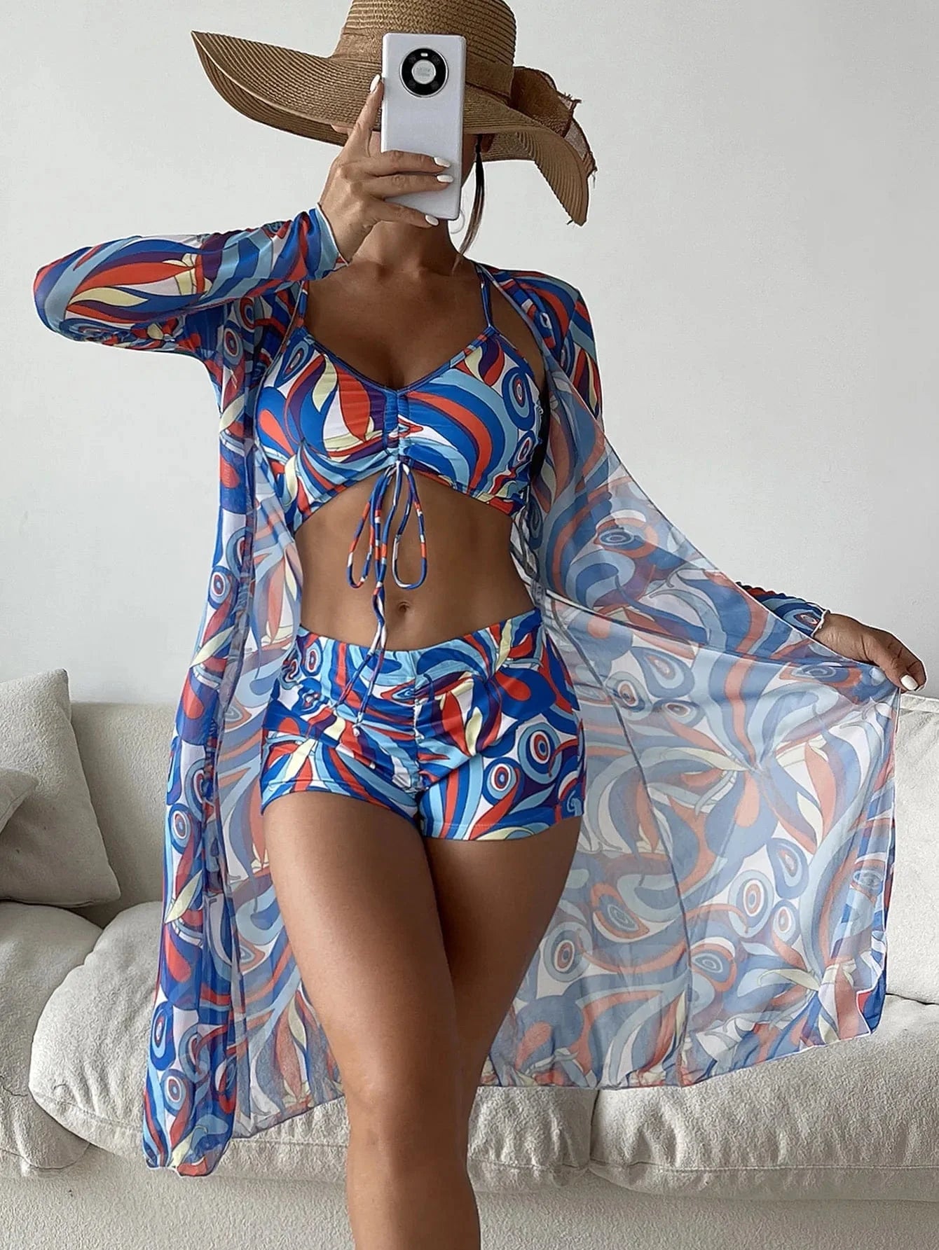 3 Pieces Sexy Print Bikini  Women High Waist Swimsuit Cover Up Swimwear Female Lady Bathing Suit Swimming Summer Beachwear