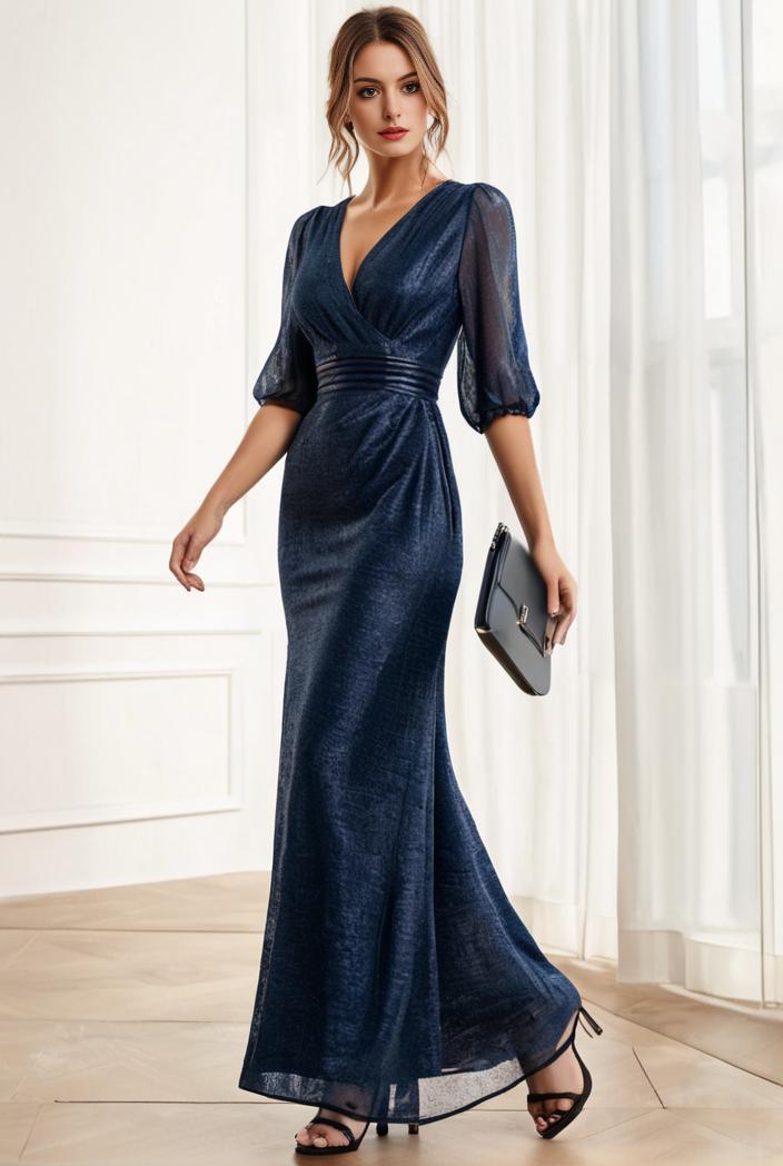 3 4 sleeve bodycon plunging back sequin evening dress 141978