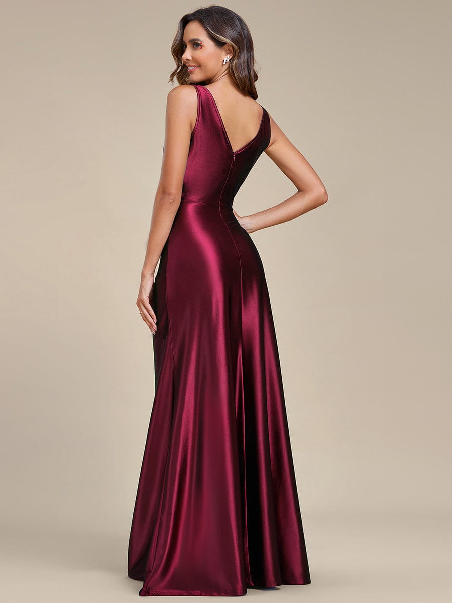 Elegant Satin Deep V-Neck Evening Gown with High Slit and Waist Pleats