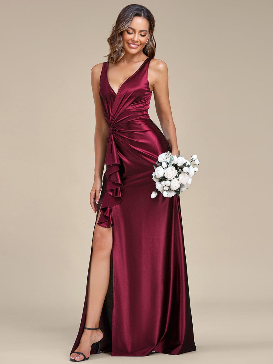 Elegant Satin Deep V-Neck Evening Gown with High Slit and Waist Pleats