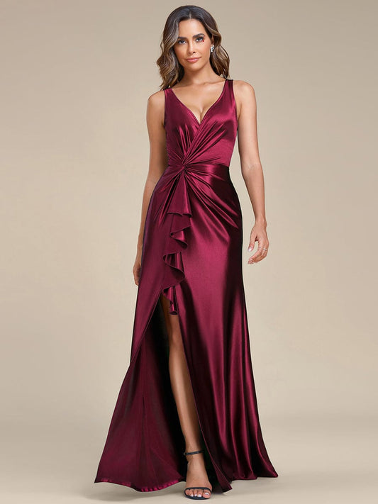 Elegant Satin Deep V-Neck Evening Gown with High Slit and Waist Pleats