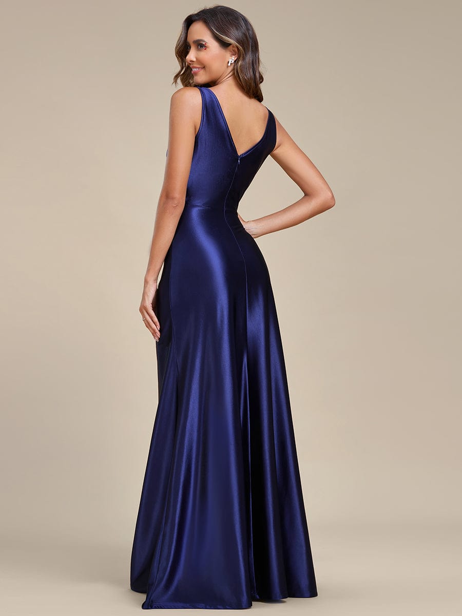 Elegant Satin Deep V-Neck Evening Gown with High Slit and Waist Pleats