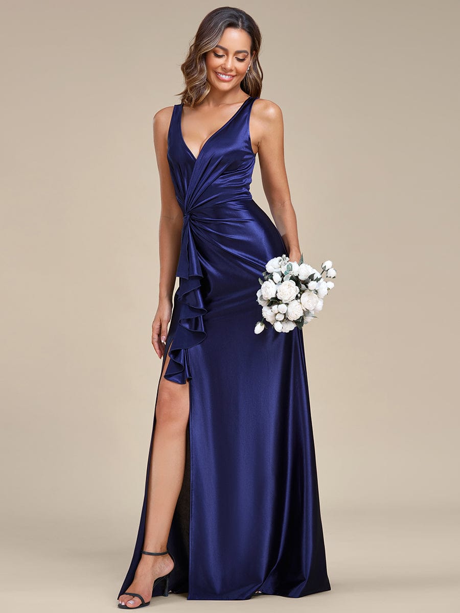 Elegant Satin Deep V-Neck Evening Gown with High Slit and Waist Pleats