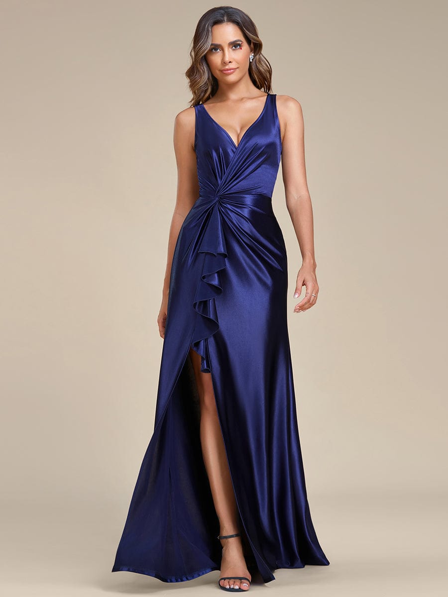 Elegant Satin Deep V-Neck Evening Gown with High Slit and Waist Pleats