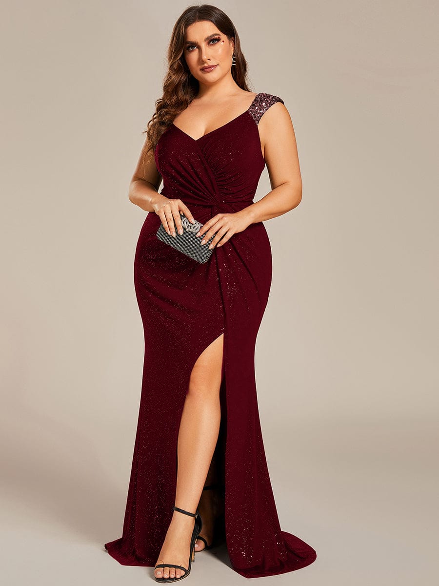 Sparkling Sequin V-Neck Plus Size Evening Gown with Shoulder Strap