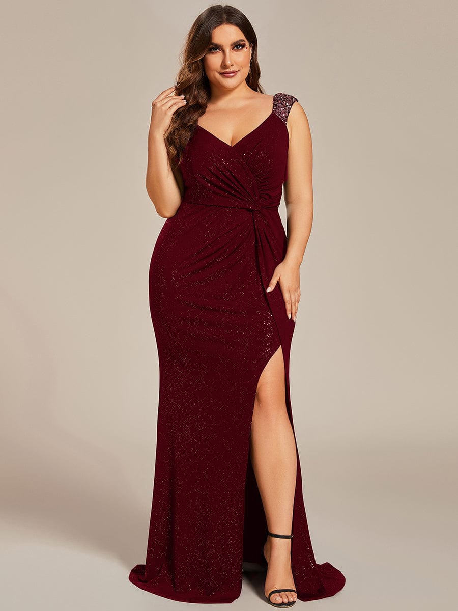 Sparkling Sequin V-Neck Plus Size Evening Gown with Shoulder Strap