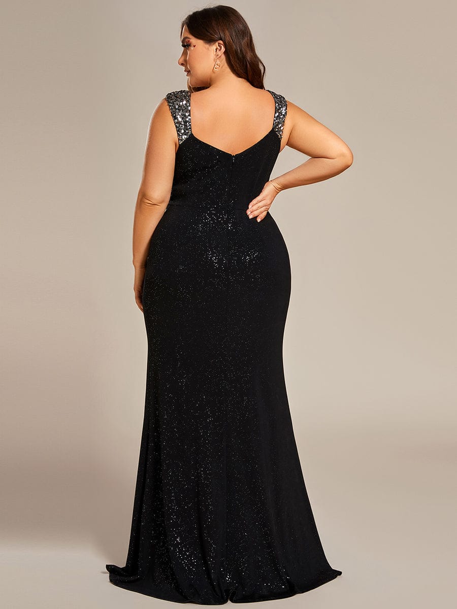 Sparkling Sequin V-Neck Plus Size Evening Gown with Shoulder Strap