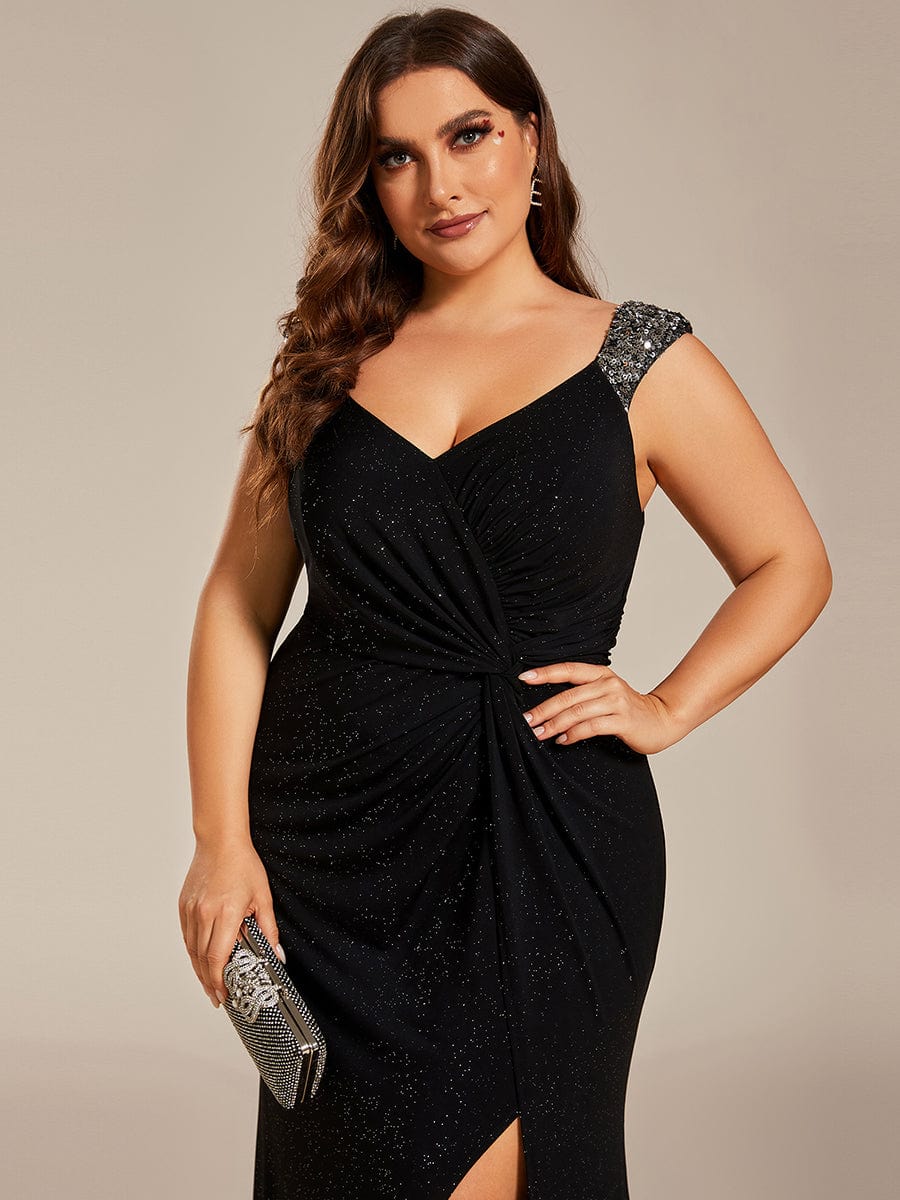 Sparkling Sequin V-Neck Plus Size Evening Gown with Shoulder Strap