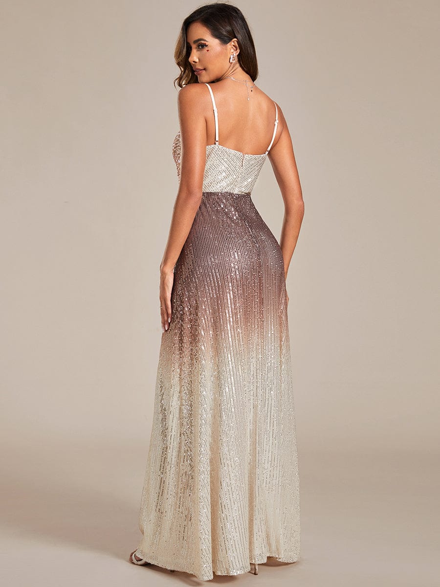 Exquisite Ombre Sequin A-Line Spaghetti Strap V-Neck Evening Gown