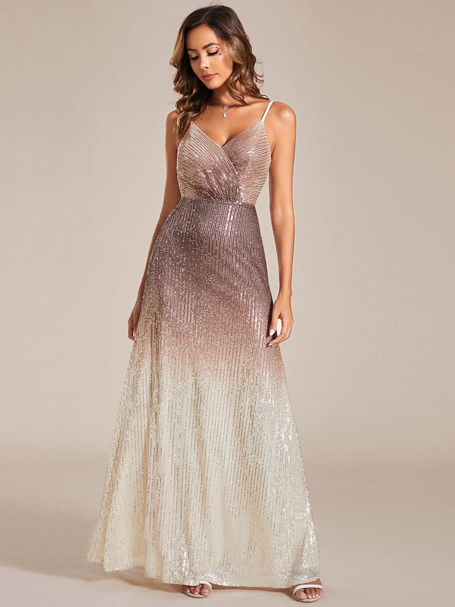 Exquisite Ombre Sequin A-Line Spaghetti Strap V-Neck Evening Gown