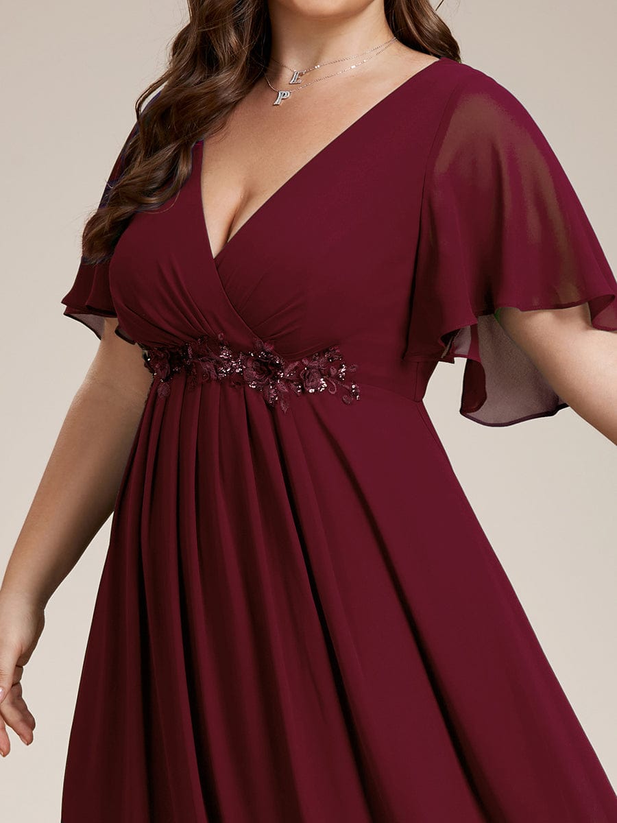 Elegant Plus Size Flowery A-Line Chiffon Evening Gown With Short Sleeves