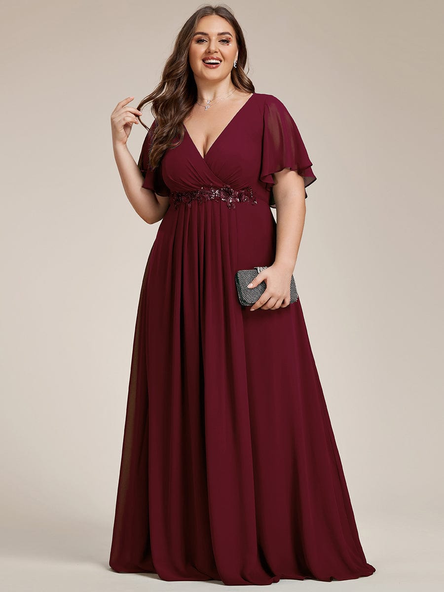 Elegant Plus Size Flowery A-Line Chiffon Evening Gown With Short Sleeves