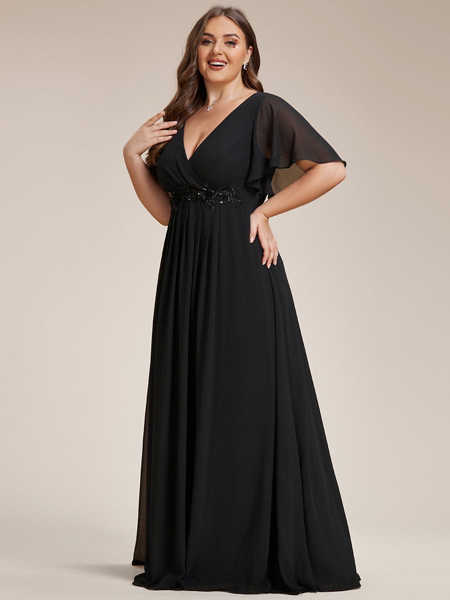 Elegant Plus Size Flowery A-Line Chiffon Evening Gown With Short Sleeves