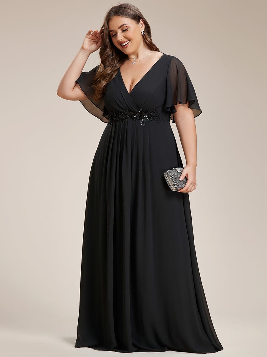 Elegant Plus Size Flowery A-Line Chiffon Evening Gown With Short Sleeves