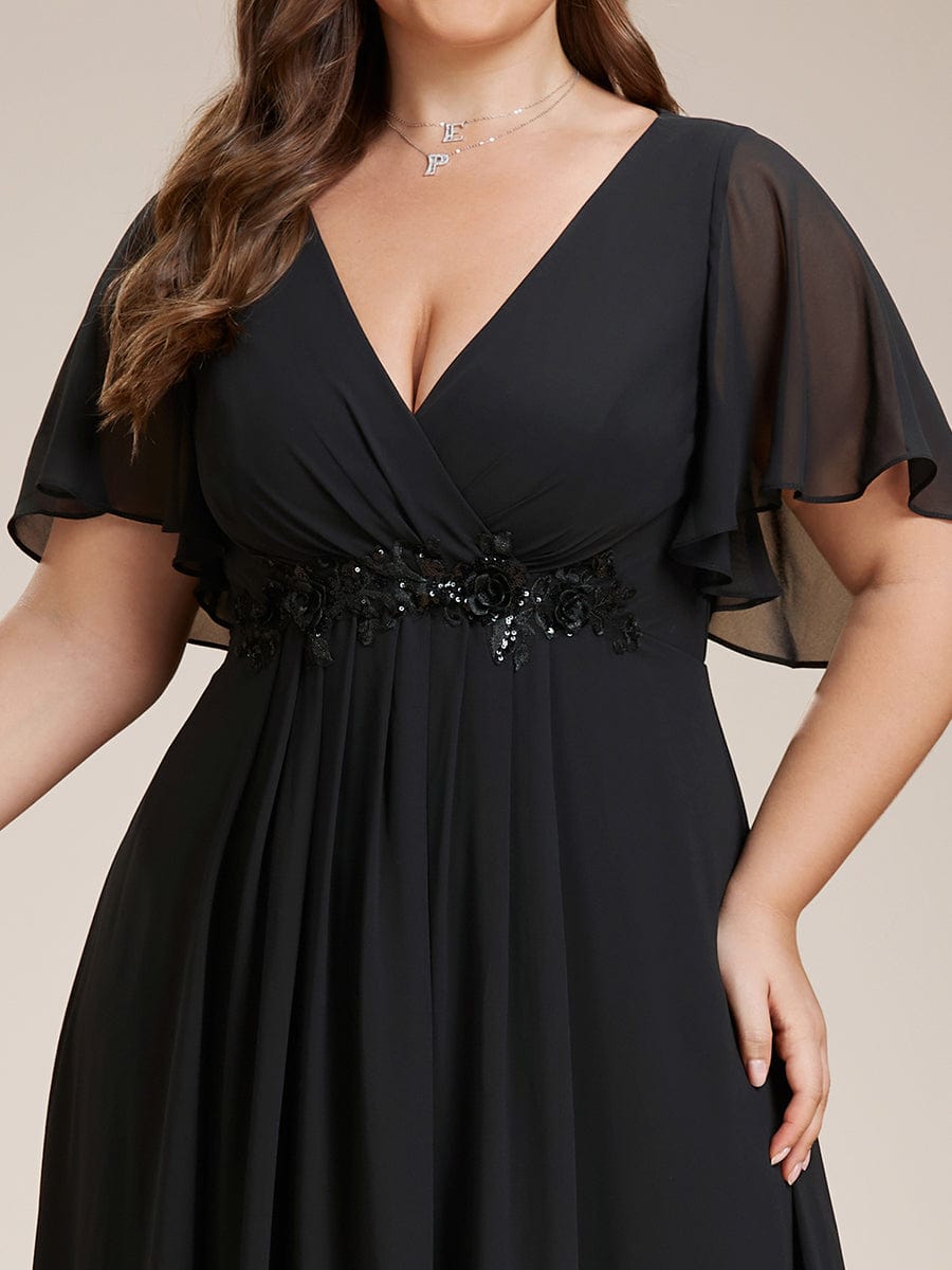 Elegant Plus Size Flowery A-Line Chiffon Evening Gown With Short Sleeves