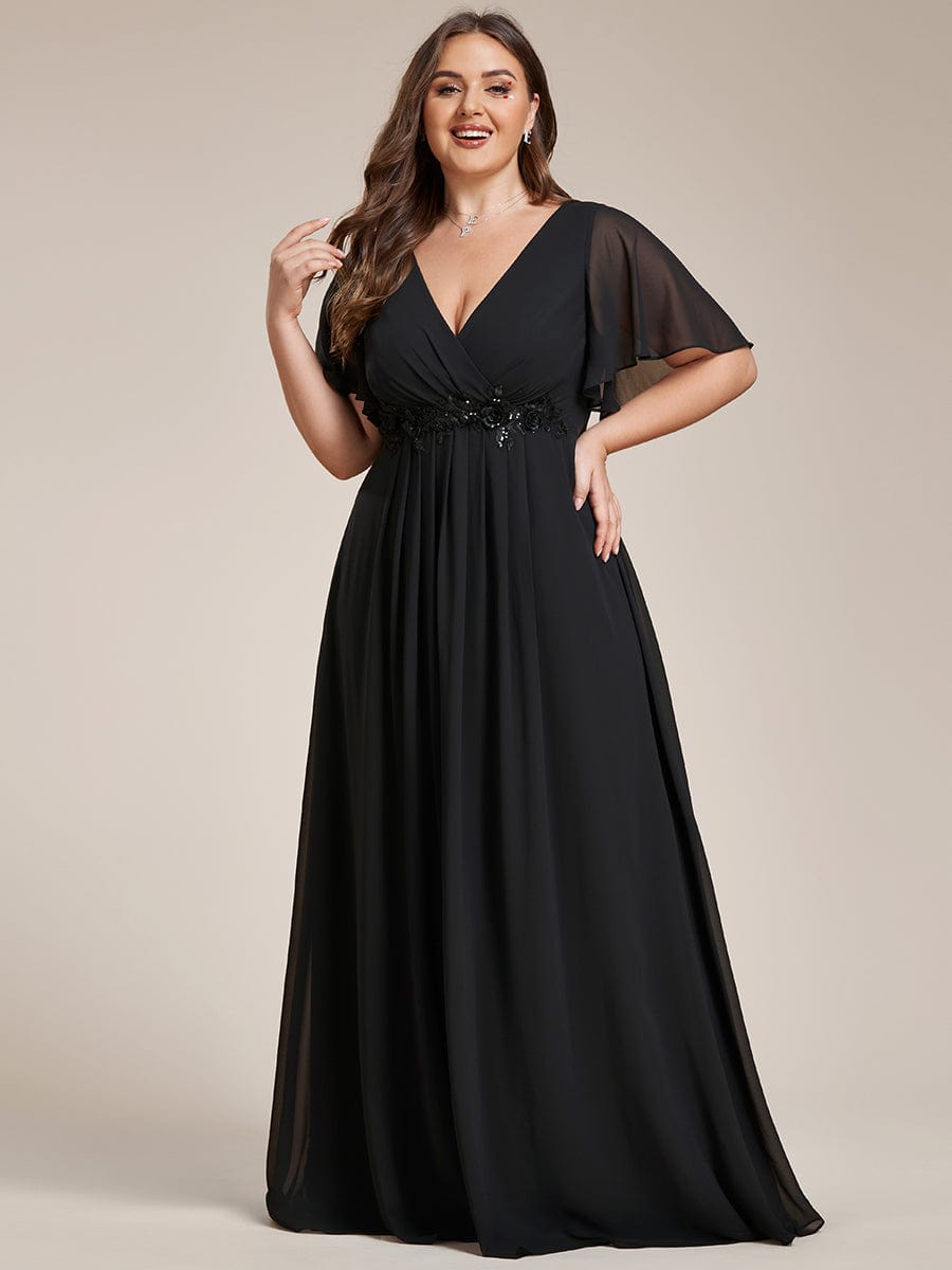 Elegant Plus Size Flowery A-Line Chiffon Evening Gown With Short Sleeves