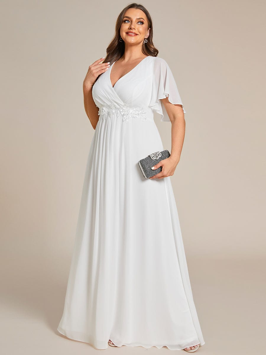 Elegant Plus Size Flowery A-Line Chiffon Evening Gown With Short Sleeves