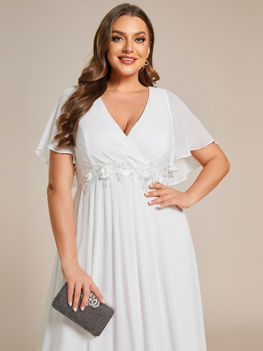 Elegant Plus Size Flowery A-Line Chiffon Evening Gown With Short Sleeves