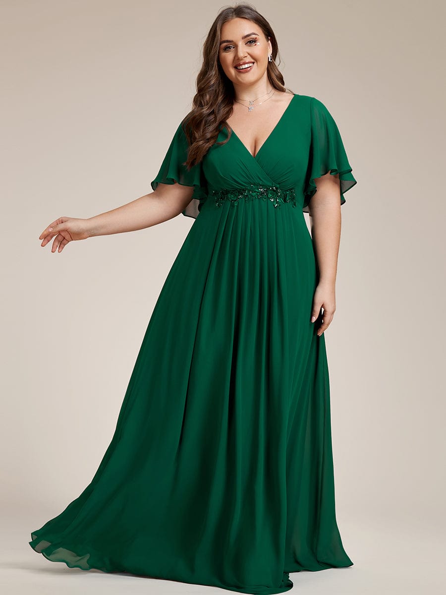 Elegant Plus Size Flowery A-Line Chiffon Evening Gown With Short Sleeves