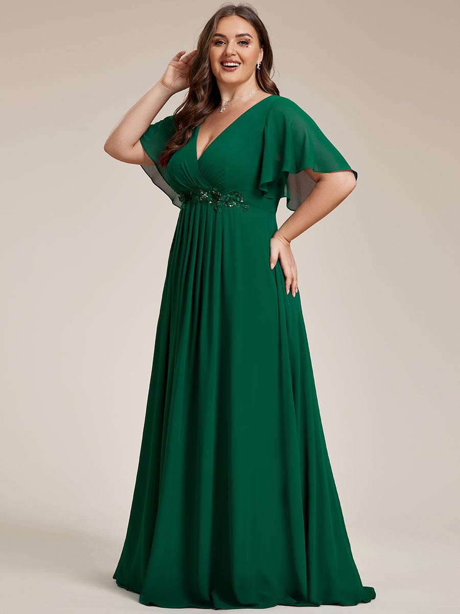 Elegant Plus Size Flowery A-Line Chiffon Evening Gown With Short Sleeves