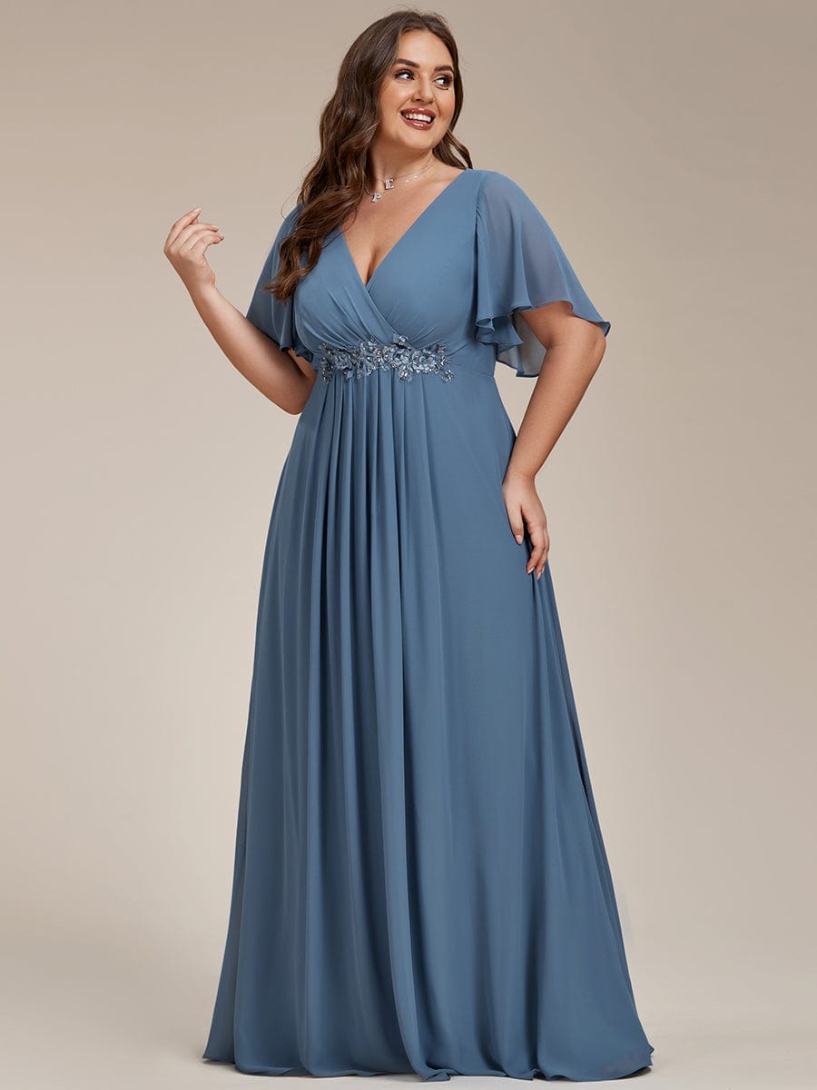 Elegant Plus Size Flowery A-Line Chiffon Evening Gown With Short Sleeves