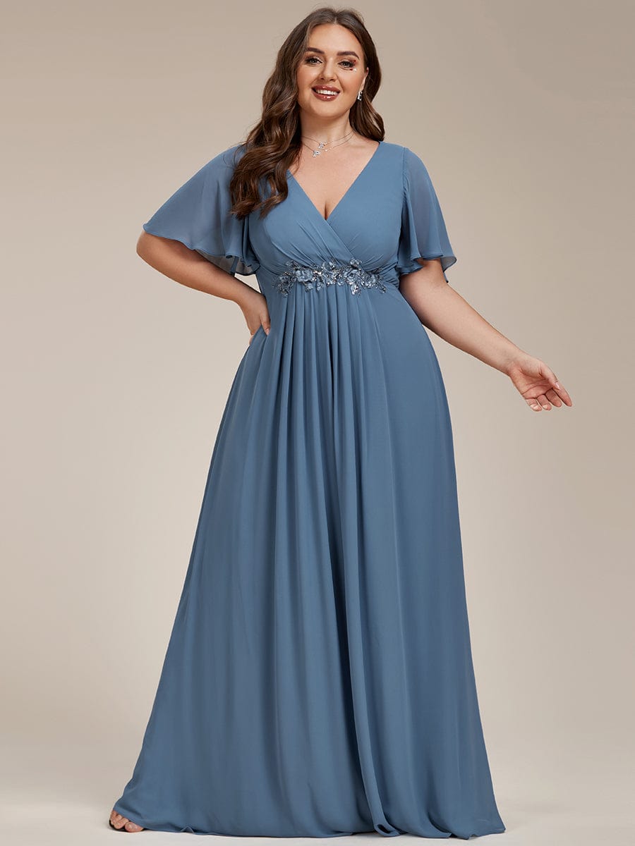 Elegant Plus Size Flowery A-Line Chiffon Evening Gown With Short Sleeves