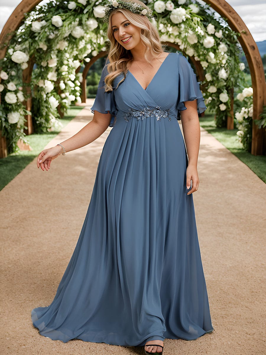 Elegant Plus Size Flowery A-Line Chiffon Evening Gown With Short Sleeves