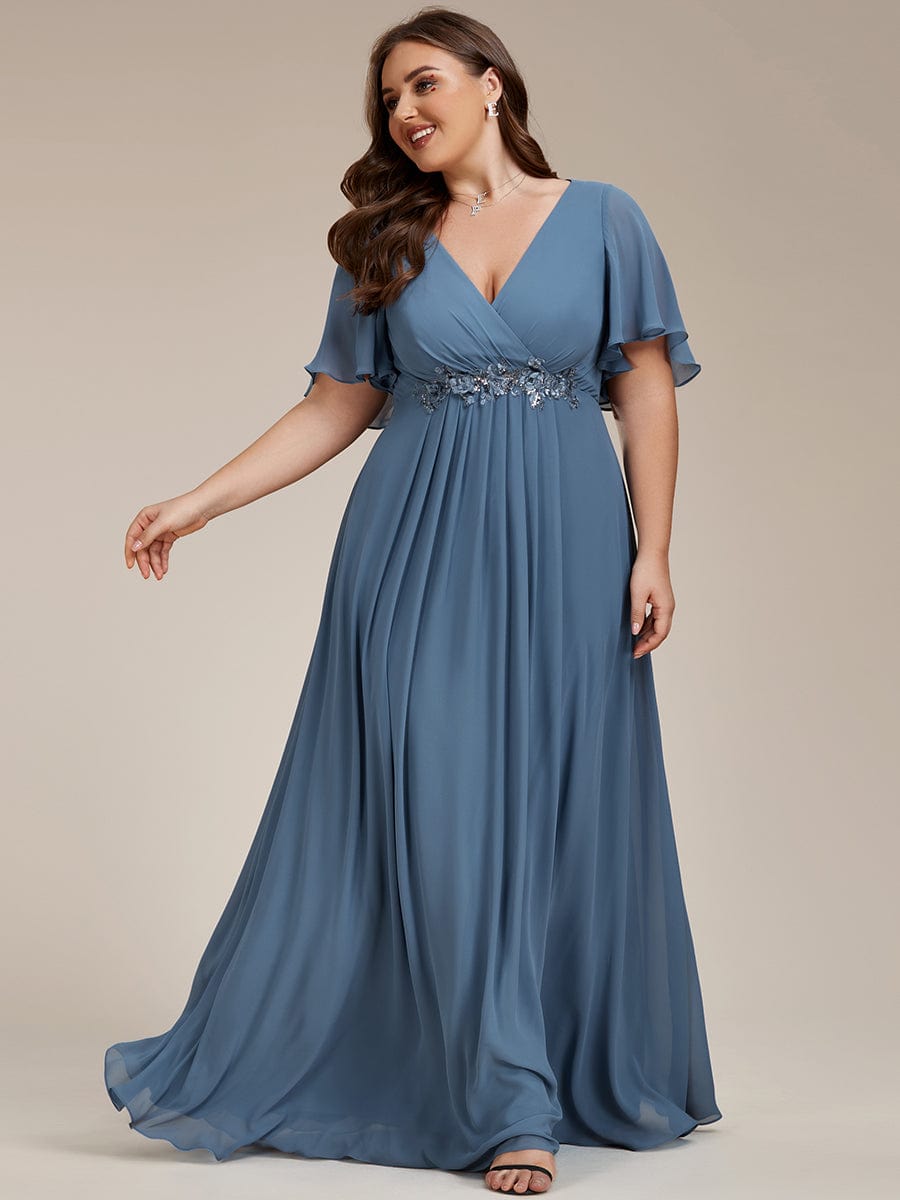 Elegant Plus Size Flowery A-Line Chiffon Evening Gown With Short Sleeves