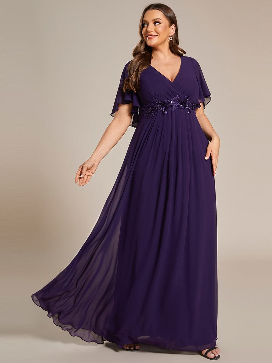 Elegant Plus Size Flowery A-Line Chiffon Evening Gown With Short Sleeves