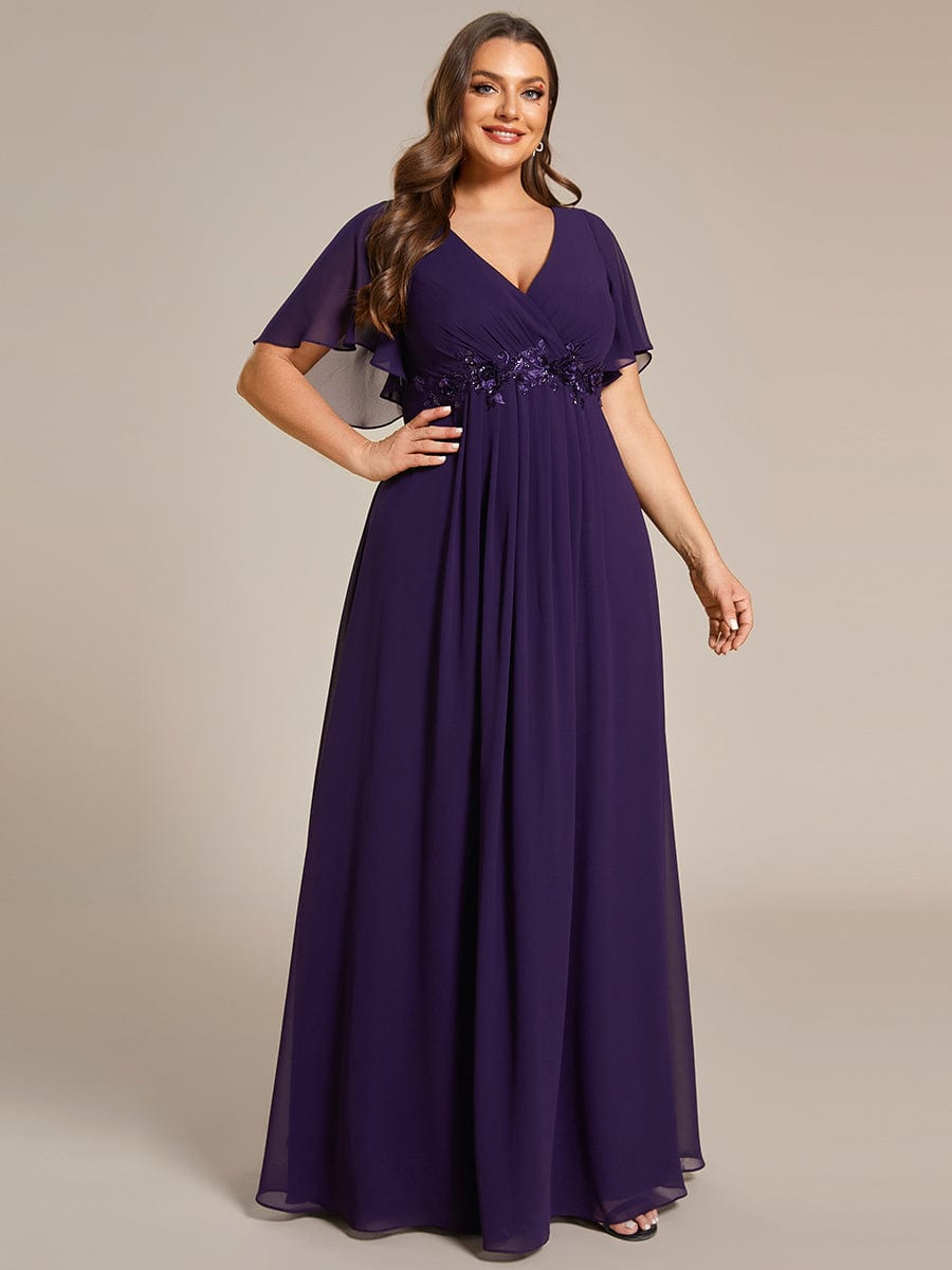 Elegant Plus Size Flowery A-Line Chiffon Evening Gown With Short Sleeves