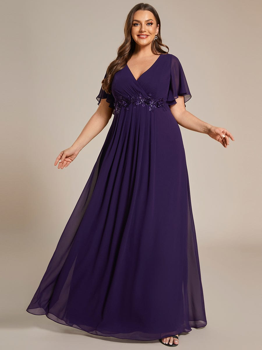 Elegant Plus Size Flowery A-Line Chiffon Evening Gown With Short Sleeves