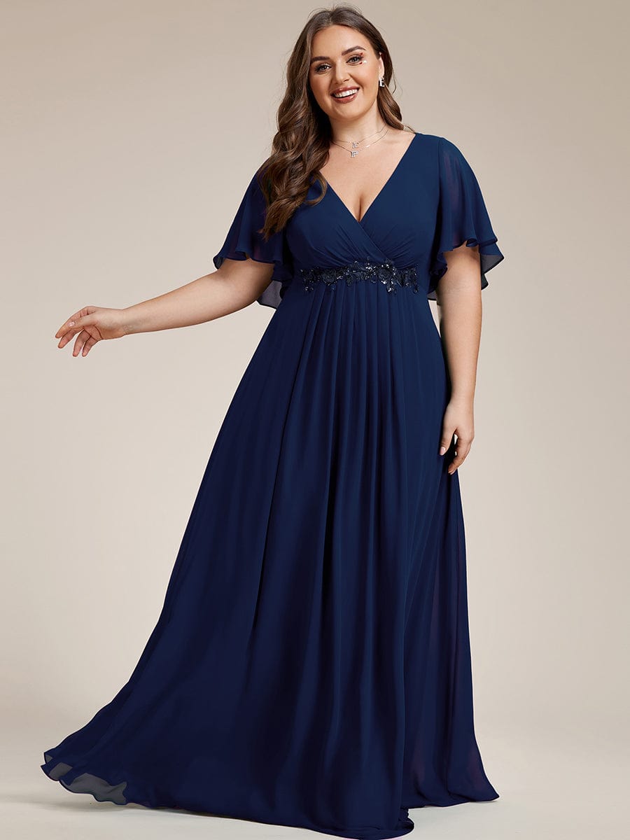 Elegant Plus Size Flowery A-Line Chiffon Evening Gown With Short Sleeves