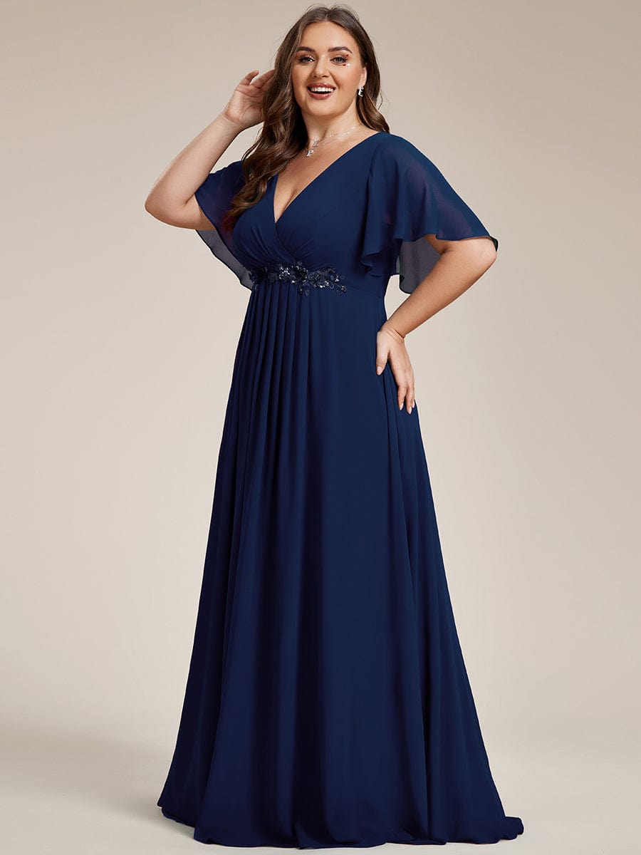 Elegant Plus Size Flowery A-Line Chiffon Evening Gown With Short Sleeves