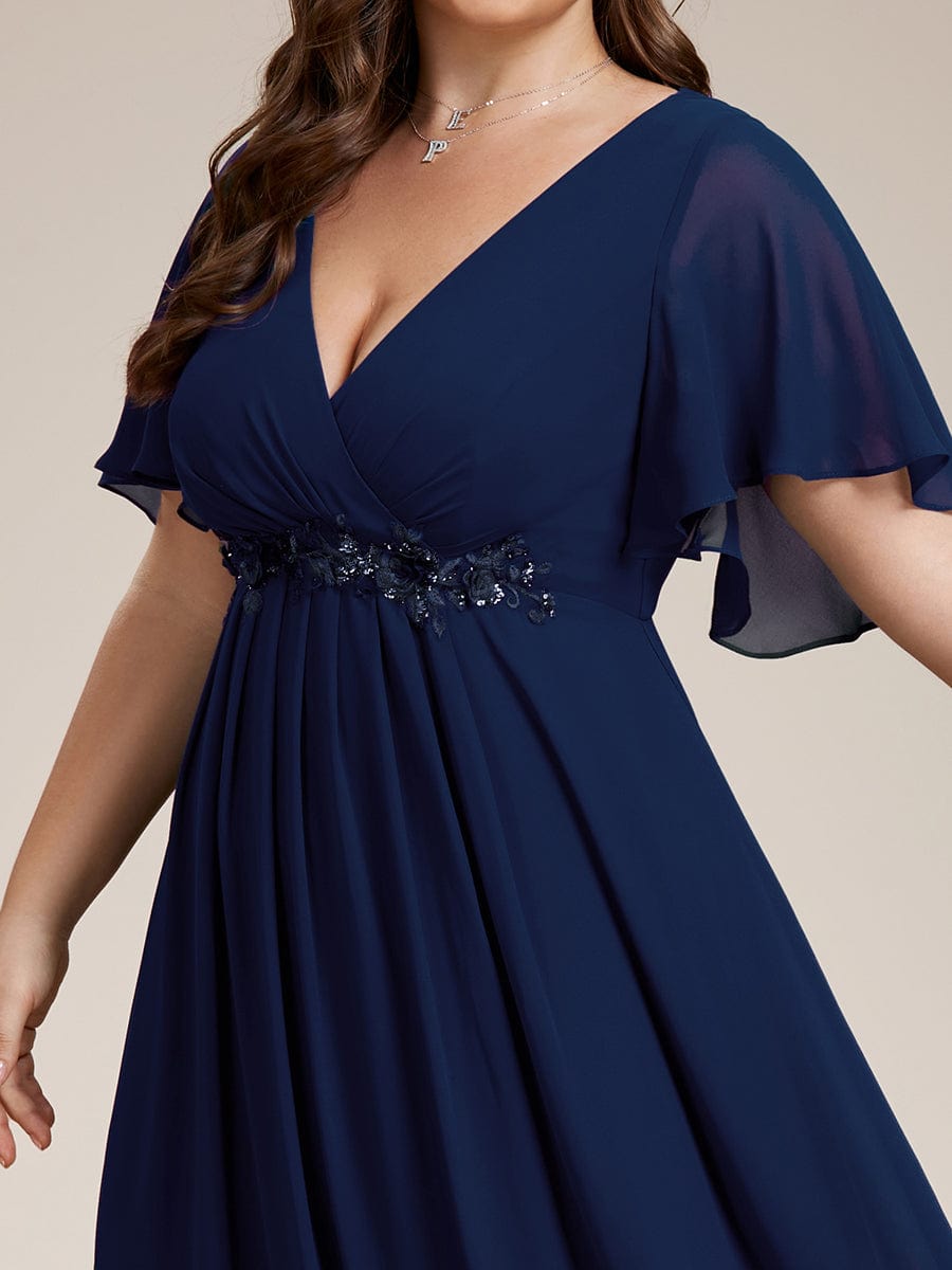 Elegant Plus Size Flowery A-Line Chiffon Evening Gown With Short Sleeves