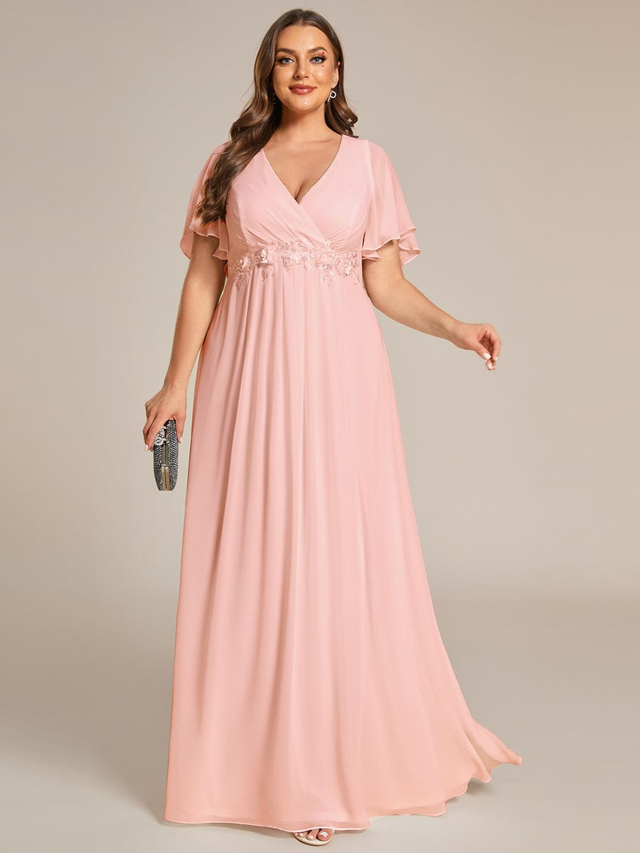 Elegant Plus Size Flowery A-Line Chiffon Evening Gown With Short Sleeves