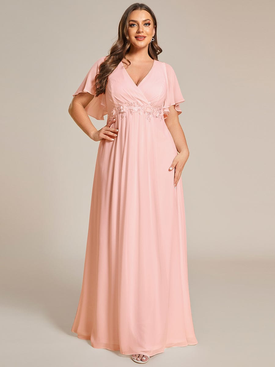 Elegant Plus Size Flowery A-Line Chiffon Evening Gown With Short Sleeves