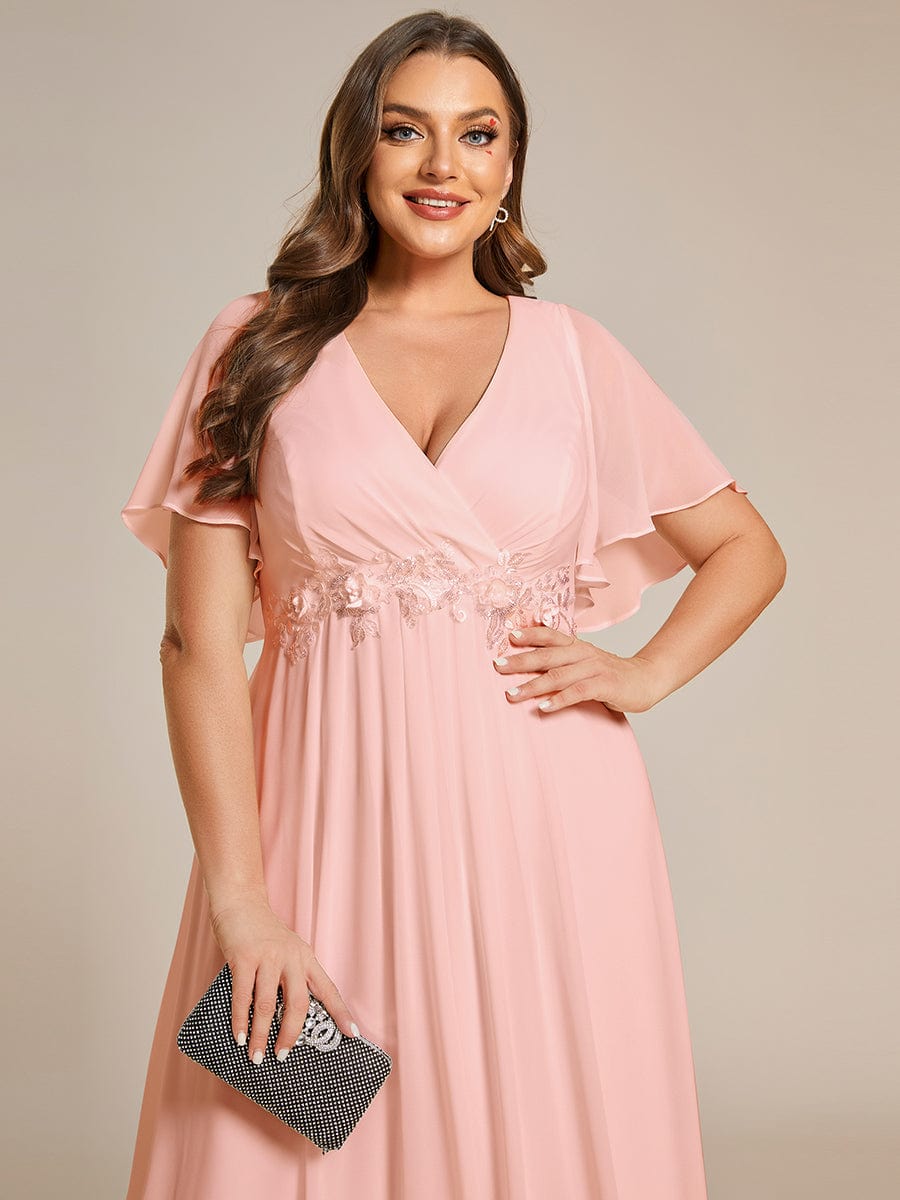 Elegant Plus Size Flowery A-Line Chiffon Evening Gown With Short Sleeves