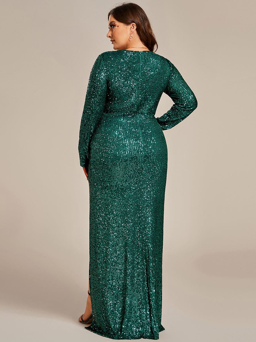 Sequin Sparkle Plus Size V-Neck Long Sleeve Bodycon Evening Gown with High Front Slit