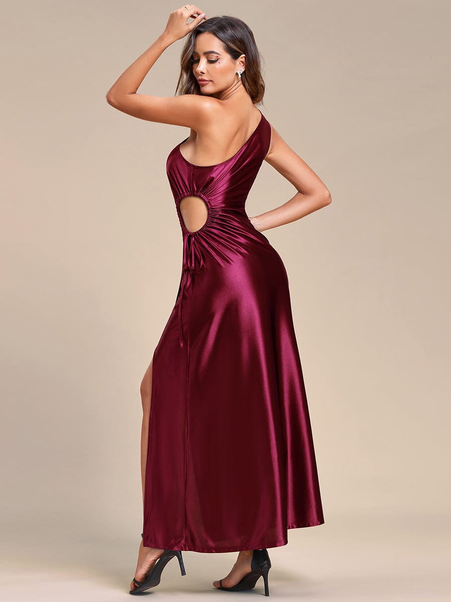 Elegant One Shoulder Hollow-Out Satin Wedding Guest Dress with Elastic Waistband