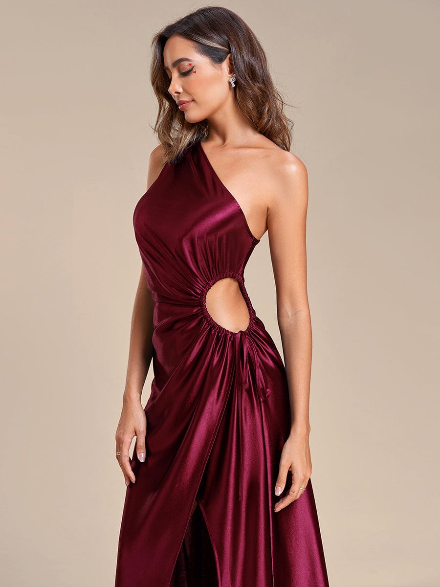 Elegant One Shoulder Hollow-Out Satin Wedding Guest Dress with Elastic Waistband