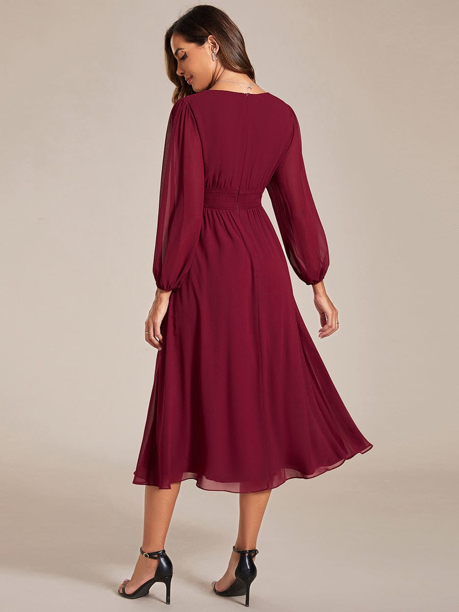 Voluminous Long Sleeve V-Neck Chiffon Midi Wedding Guest Dress for Plus Size Women