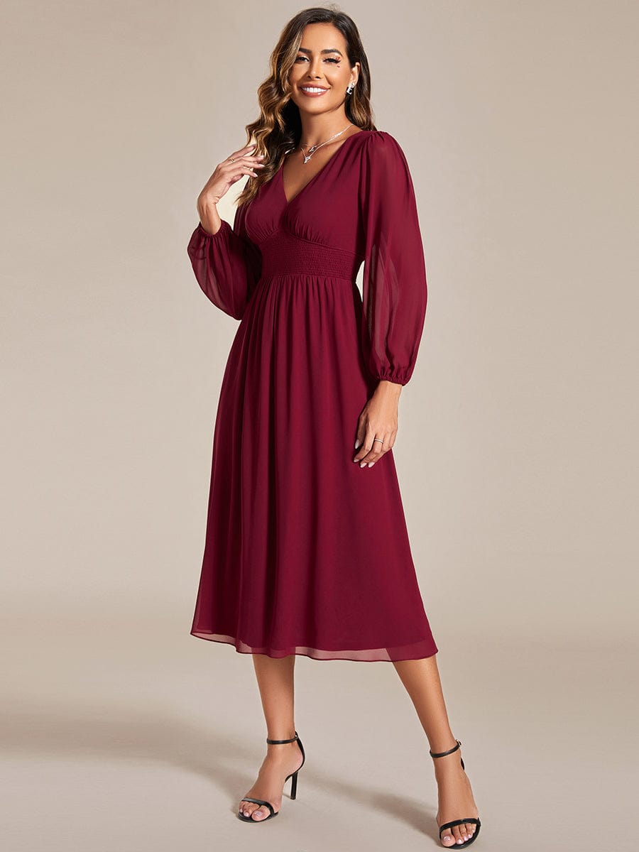 Voluminous Long Sleeve V-Neck Chiffon Midi Wedding Guest Dress for Plus Size Women