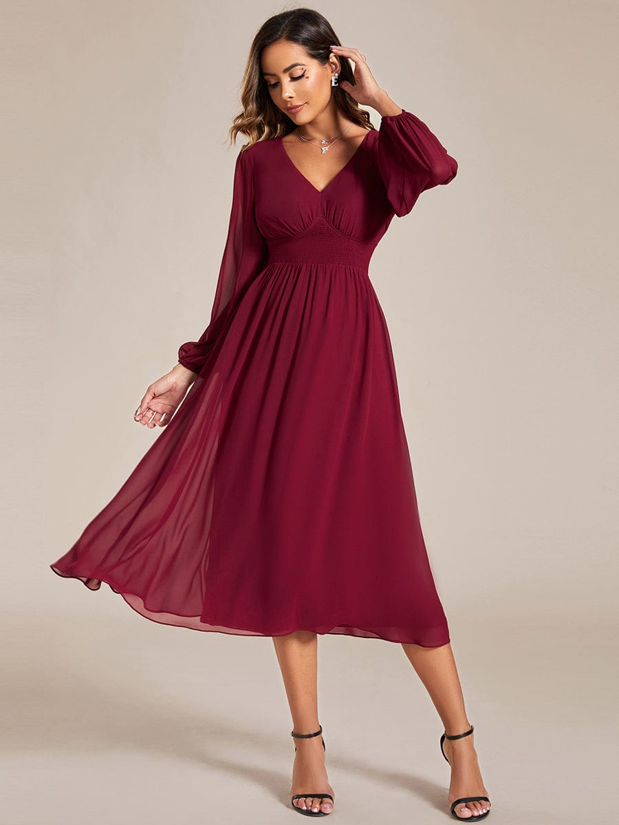 Voluminous Long Sleeve V-Neck Chiffon Midi Wedding Guest Dress for Plus Size Women