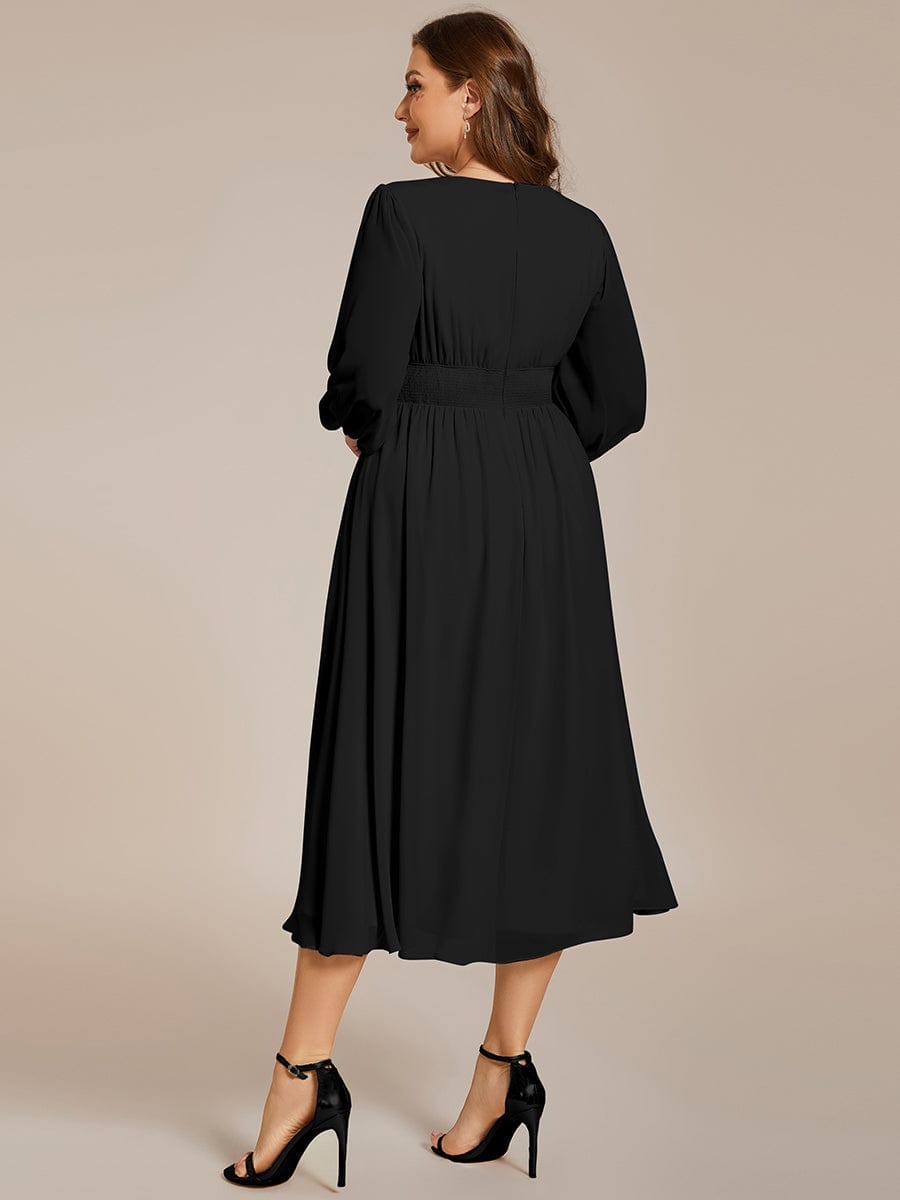 Voluminous Long Sleeve V-Neck Chiffon Midi Wedding Guest Dress for Plus Size Women