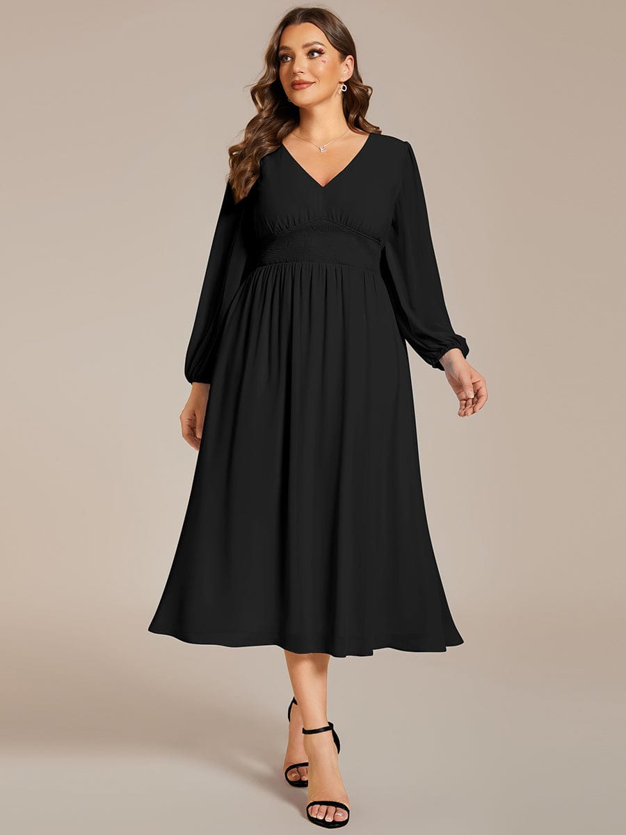 Voluminous Long Sleeve V-Neck Chiffon Midi Wedding Guest Dress for Plus Size Women