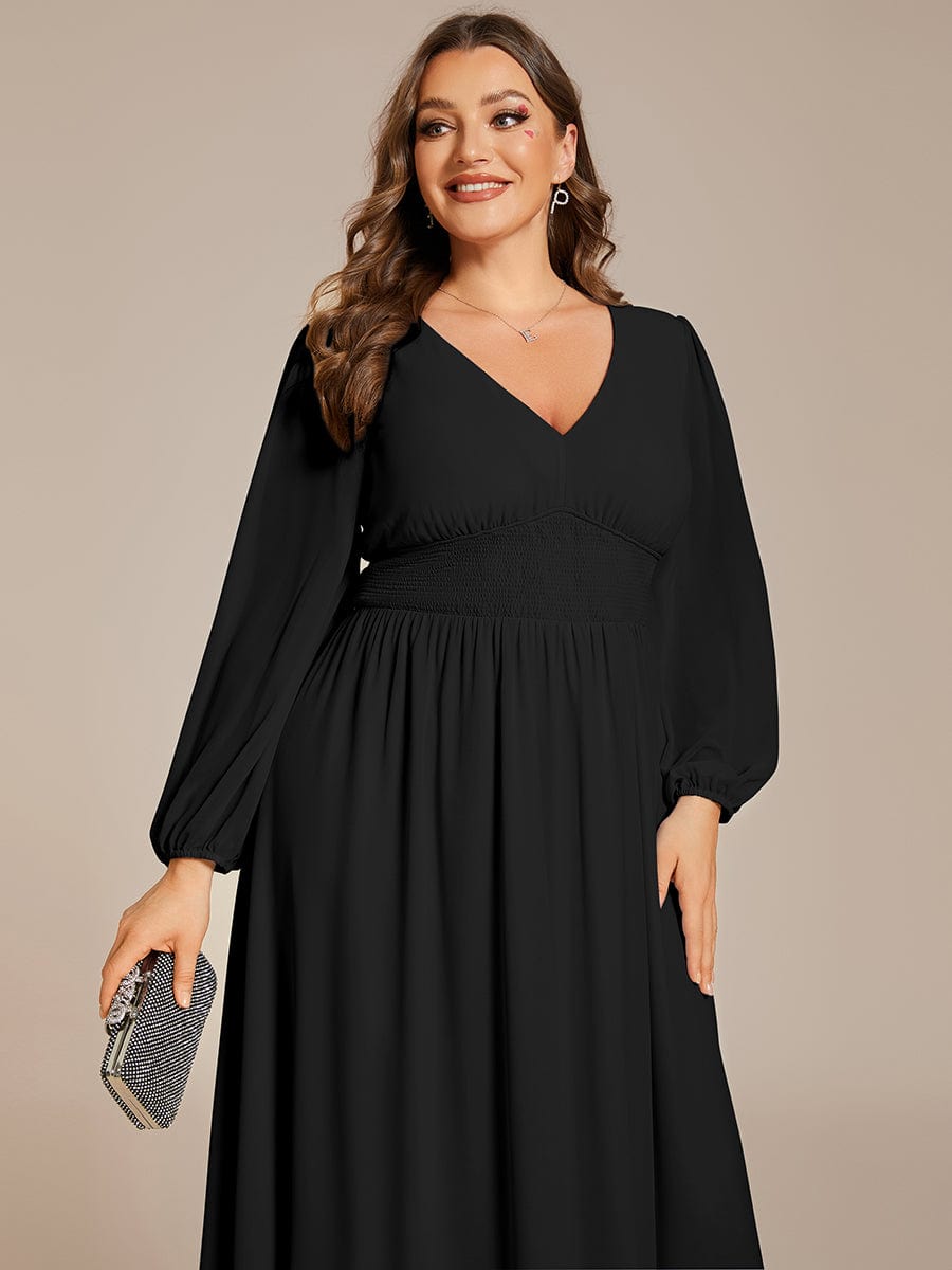 Voluminous Long Sleeve V-Neck Chiffon Midi Wedding Guest Dress for Plus Size Women